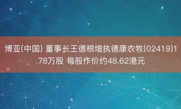 博亚(中国) 董事长王德根增执德康农牧(02419)1.78万股 每股作价约48.62港元